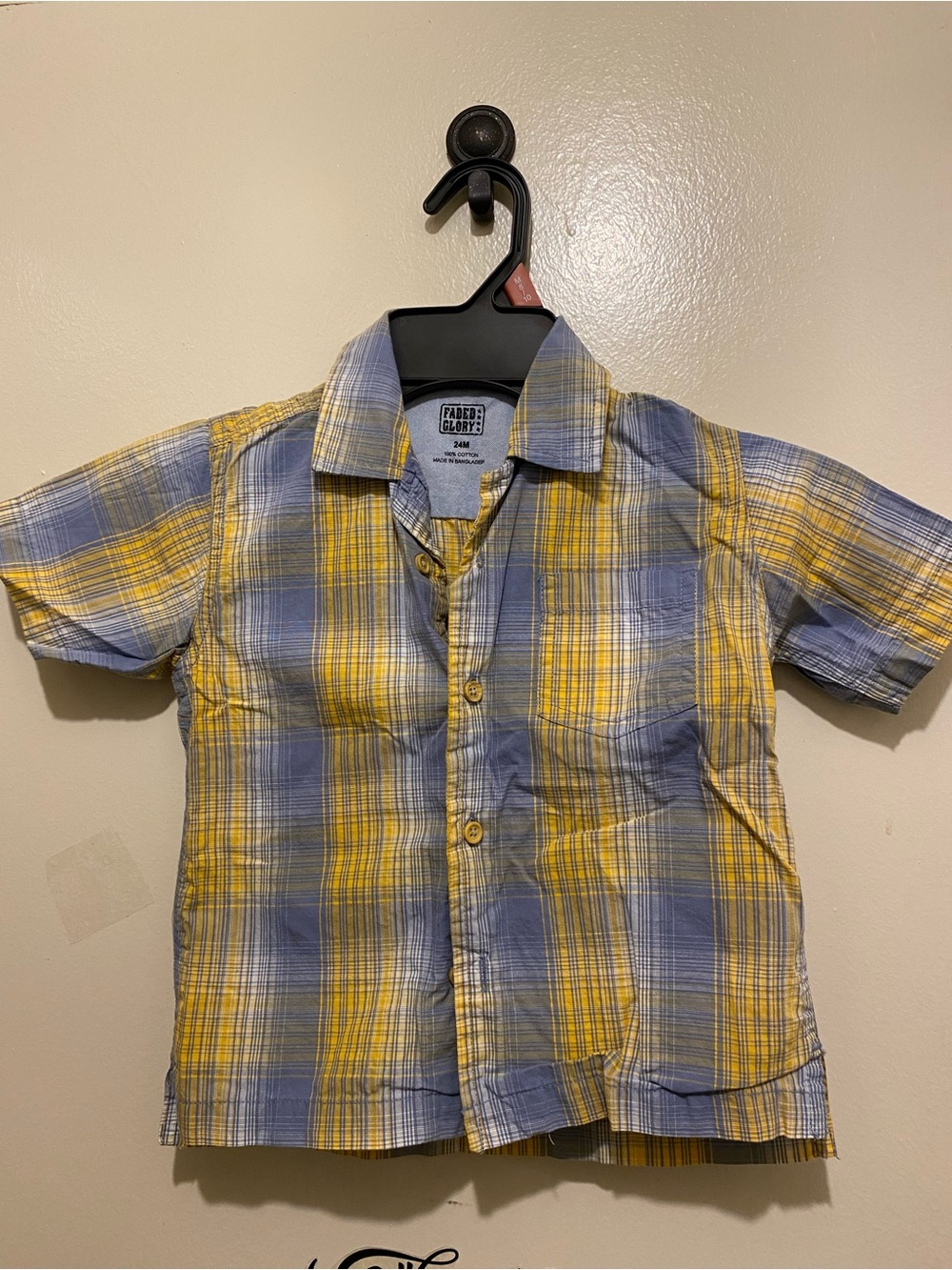Faded Glory Yellow and Blue Plaid Short-Sleeve Button-Up Shirt. 24 mon (c)